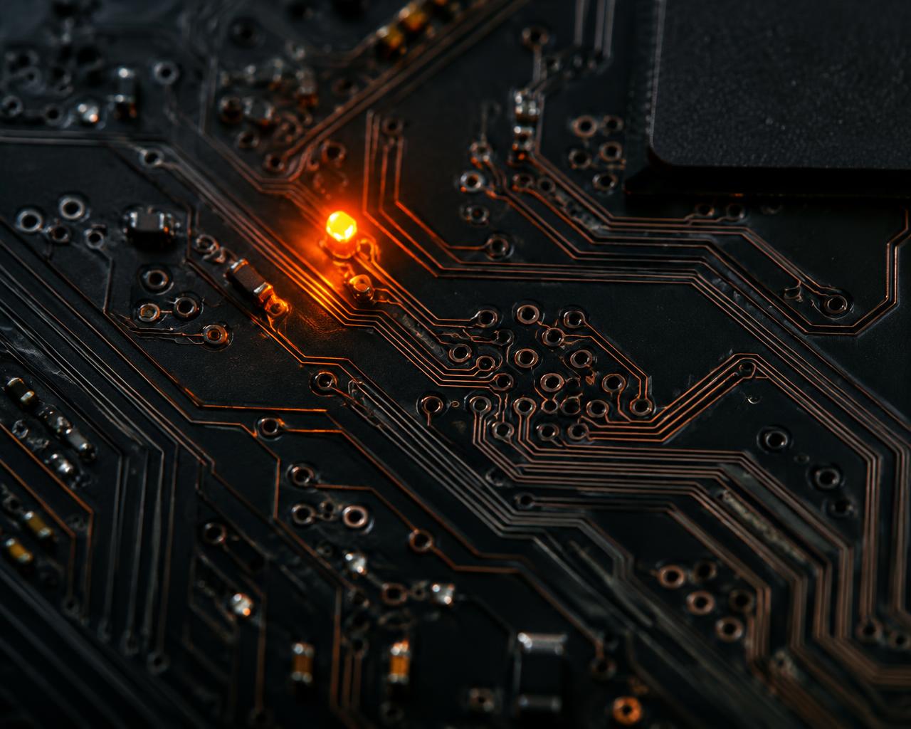 Close-up of a circuit board with a glowing orange component