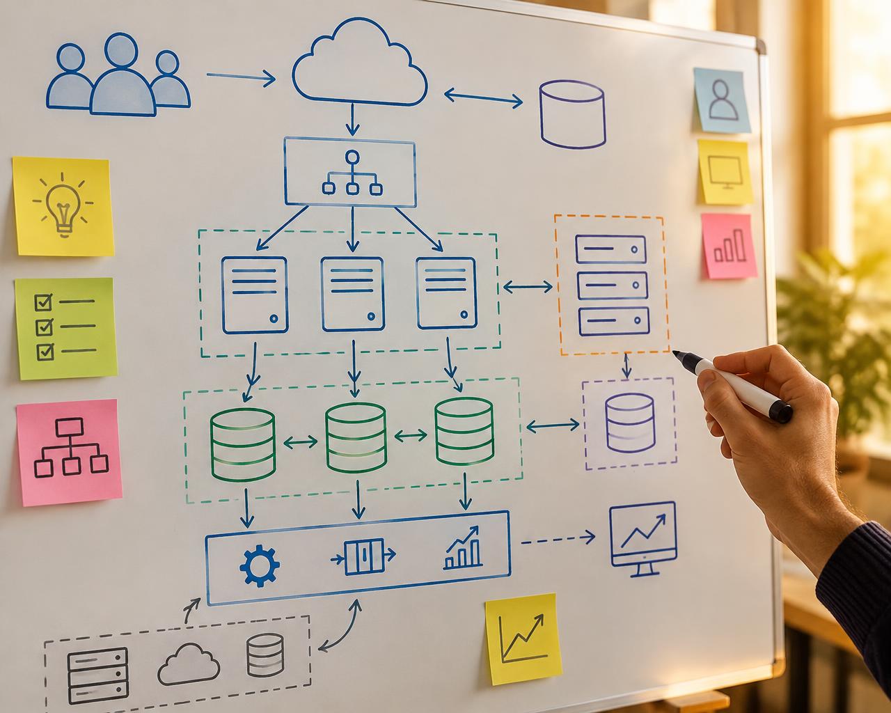 Engineer drawing a system architecture diagram on a whiteboard