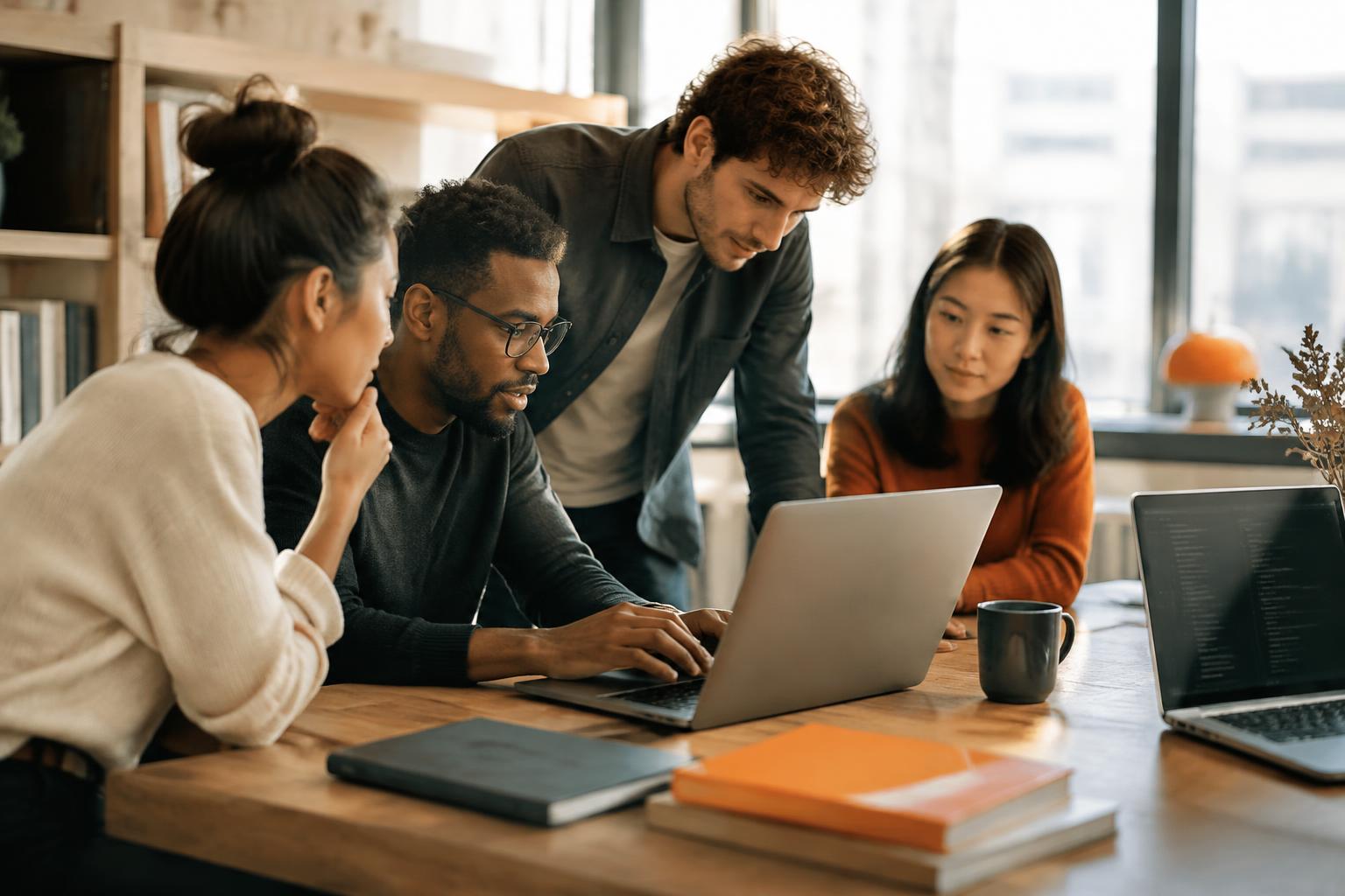 Engineering team reviewing code together on a laptop